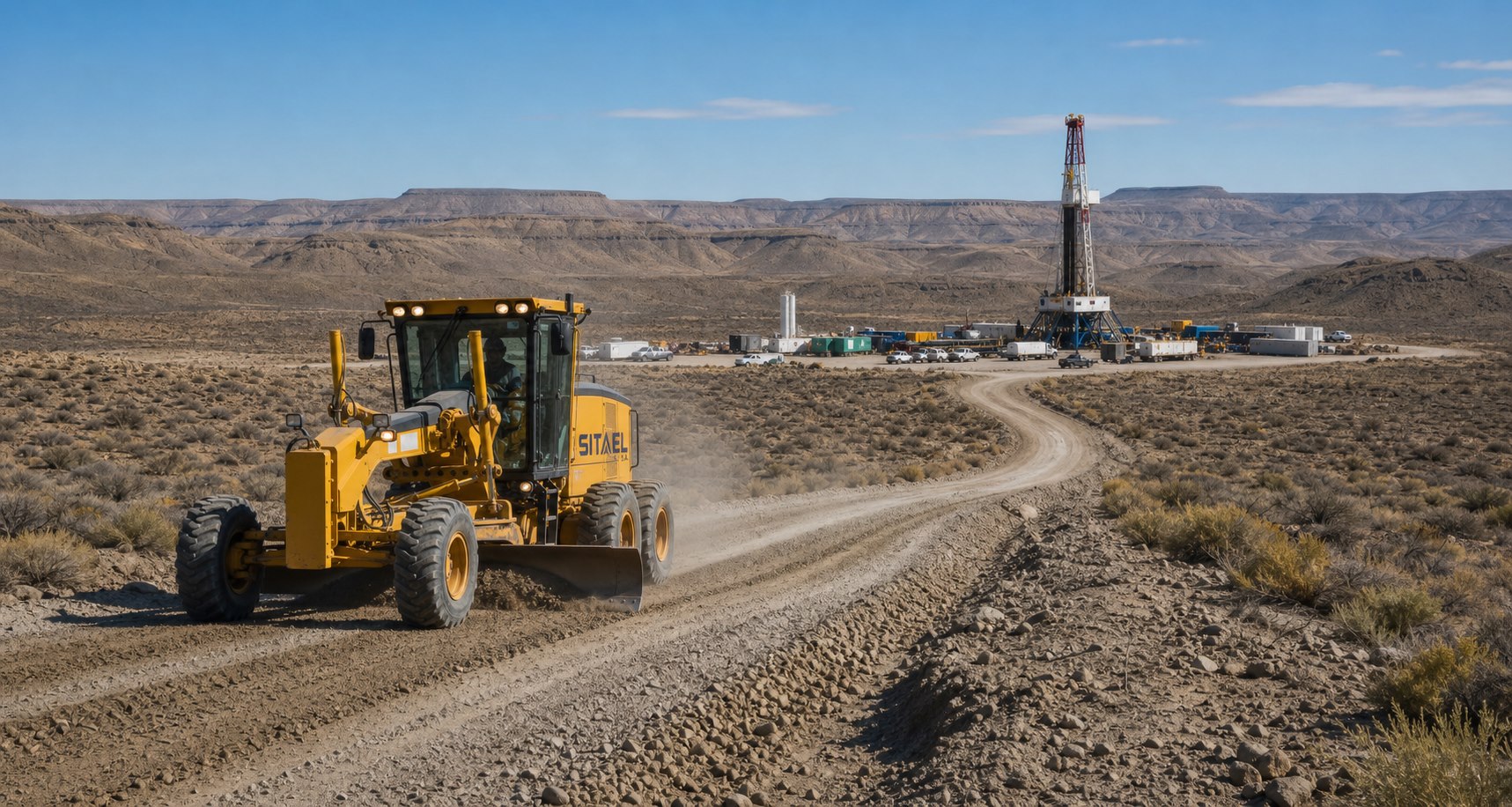 Motoniveladora SITAEL repasando un camino operativo de oil y gas