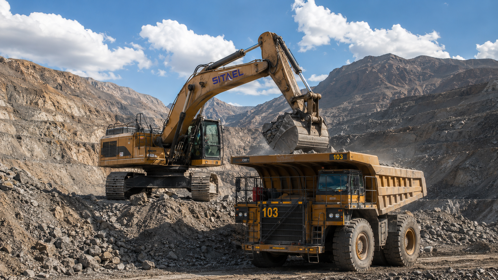 Camión minero y excavadora trabajando en cantera